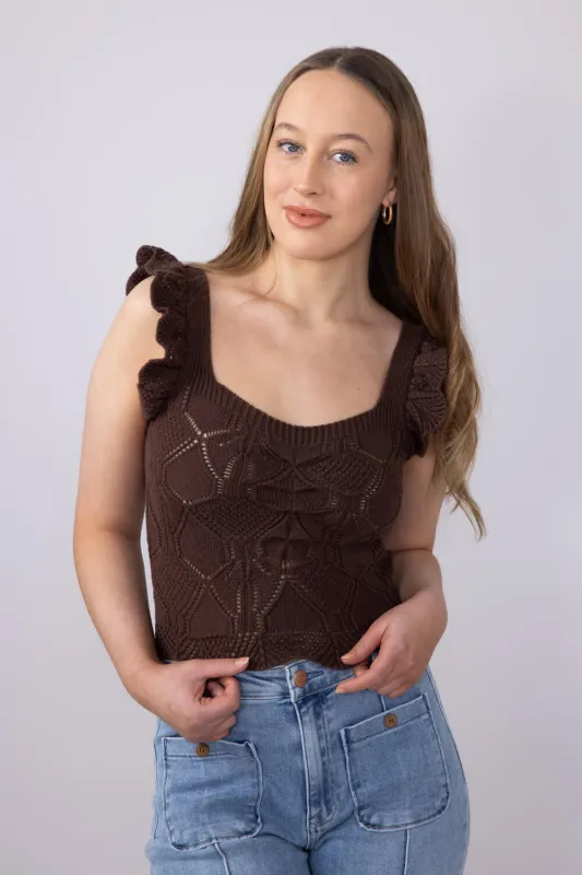 Pointelle Knit Ruffled Tank Top for Women in Brown | MK7030-BROWN sold by Glik’s