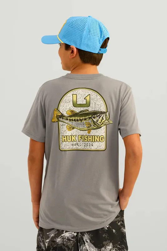Huk Fishing Youth Badge Series T-Shirt for Boys in Night Owl | H7100088-016-GREY sold by Glik’s