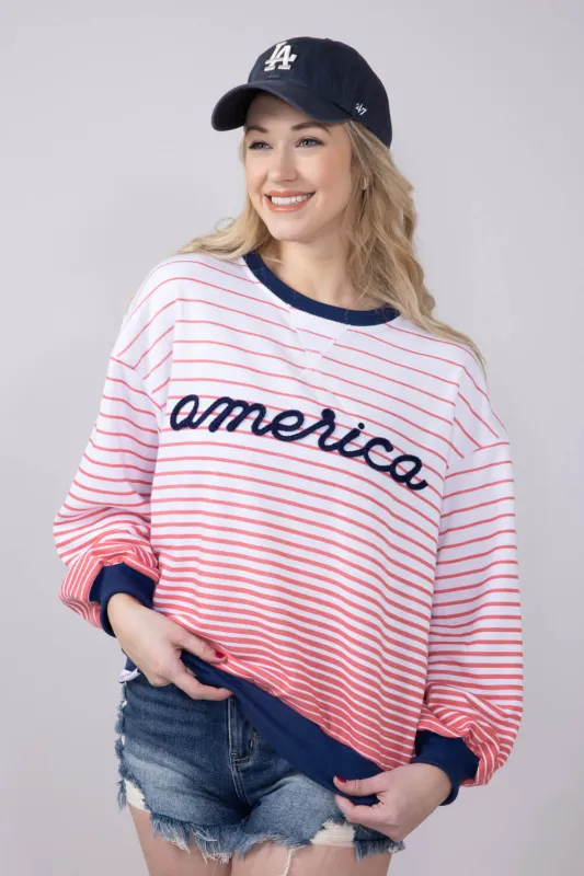 Simply Southern French Terry Striped America Sweatshirt for Women in White | PP-0125-SWTR-TRY-FRNCH-USA sold by Glik’s
