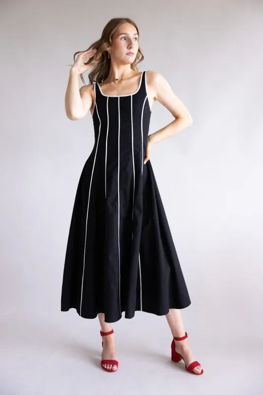 Linen Piping Midi Dress for Women in Black | JD1565-BLACK sold by Glik’s