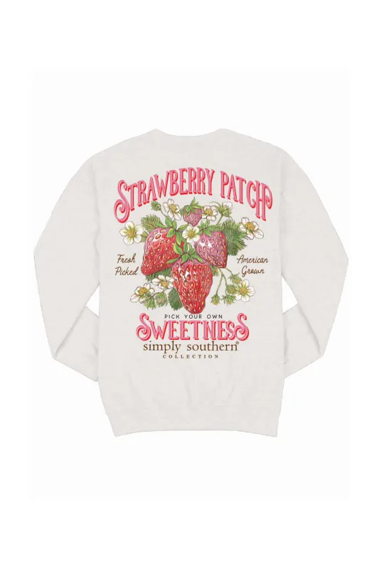 Simply Southern Youth Strawberry Patch Fleece Sweatshirt for Girls in Grey | YTH-CREW-PATCH-FLURRY sold by Glik’s