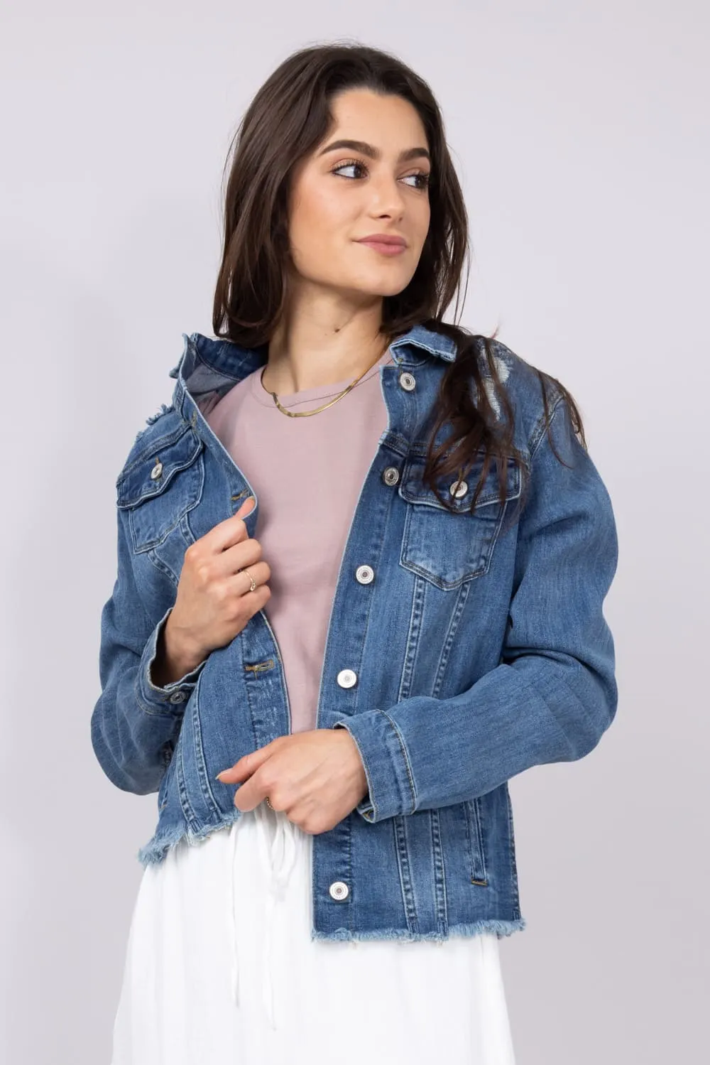 KanCan Frayed Hem Denim Jacket for Women | KC5085D sold by Glik’s