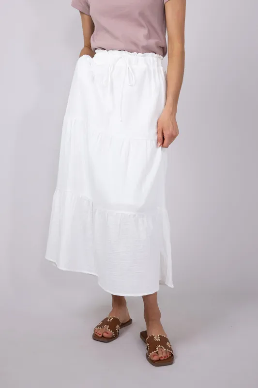 Tiered Gauze Drawstring Midi Skirt for Women in White | NS50130-WHITE sold by Glik’s