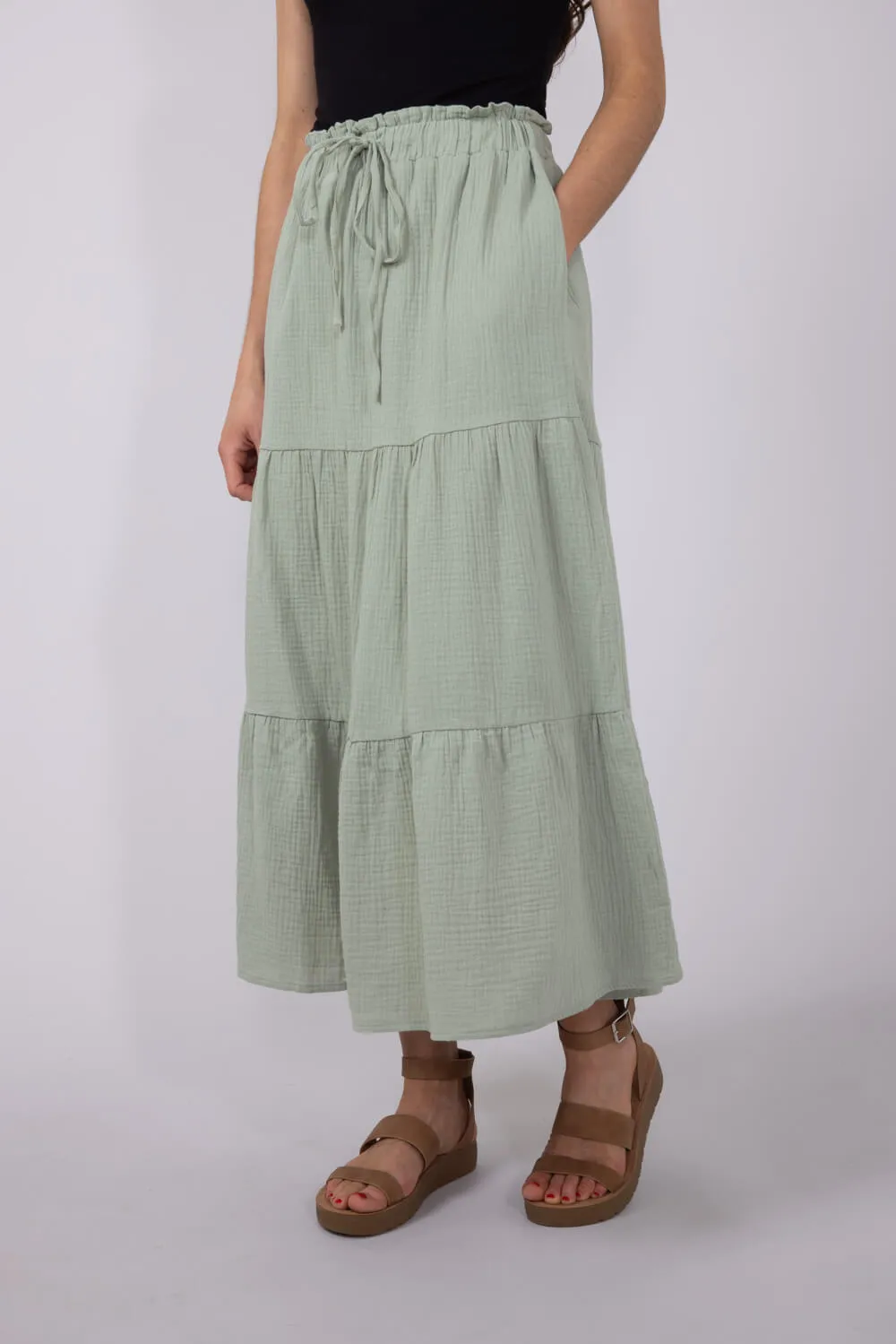 Tiered Gauze Drawstring Midi Skirt for Women in Sage | NS50130-SAGE sold by Glik’s product image thumbnail 4