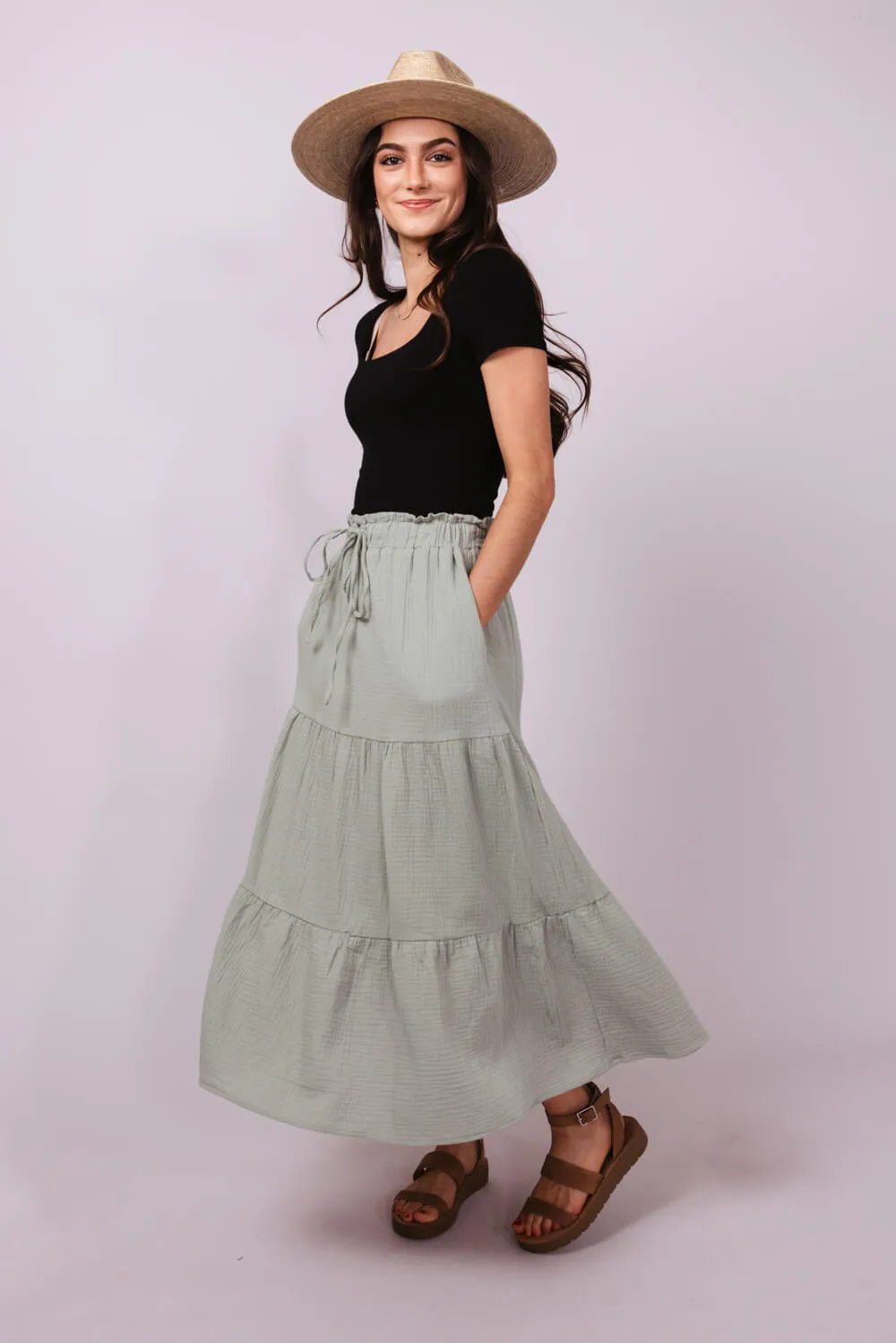 Tiered Gauze Drawstring Midi Skirt for Women in Sage | NS50130-SAGE sold by Glik’s product image thumbnail 2