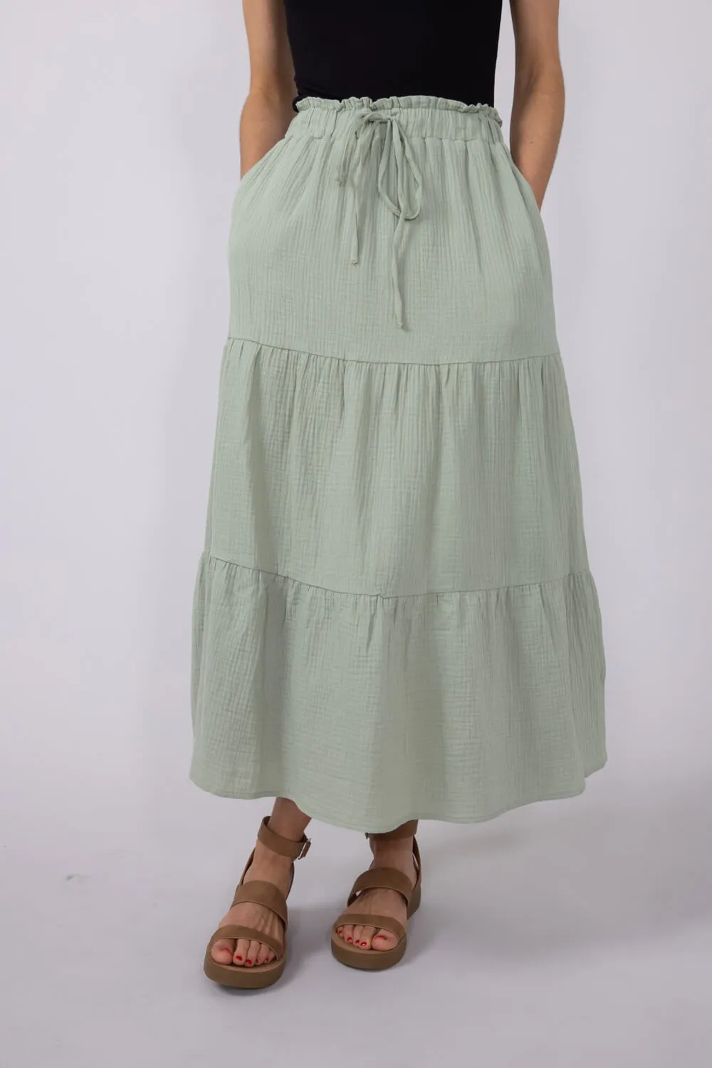 Tiered Gauze Drawstring Midi Skirt for Women in Sage | NS50130-SAGE sold by Glik’s