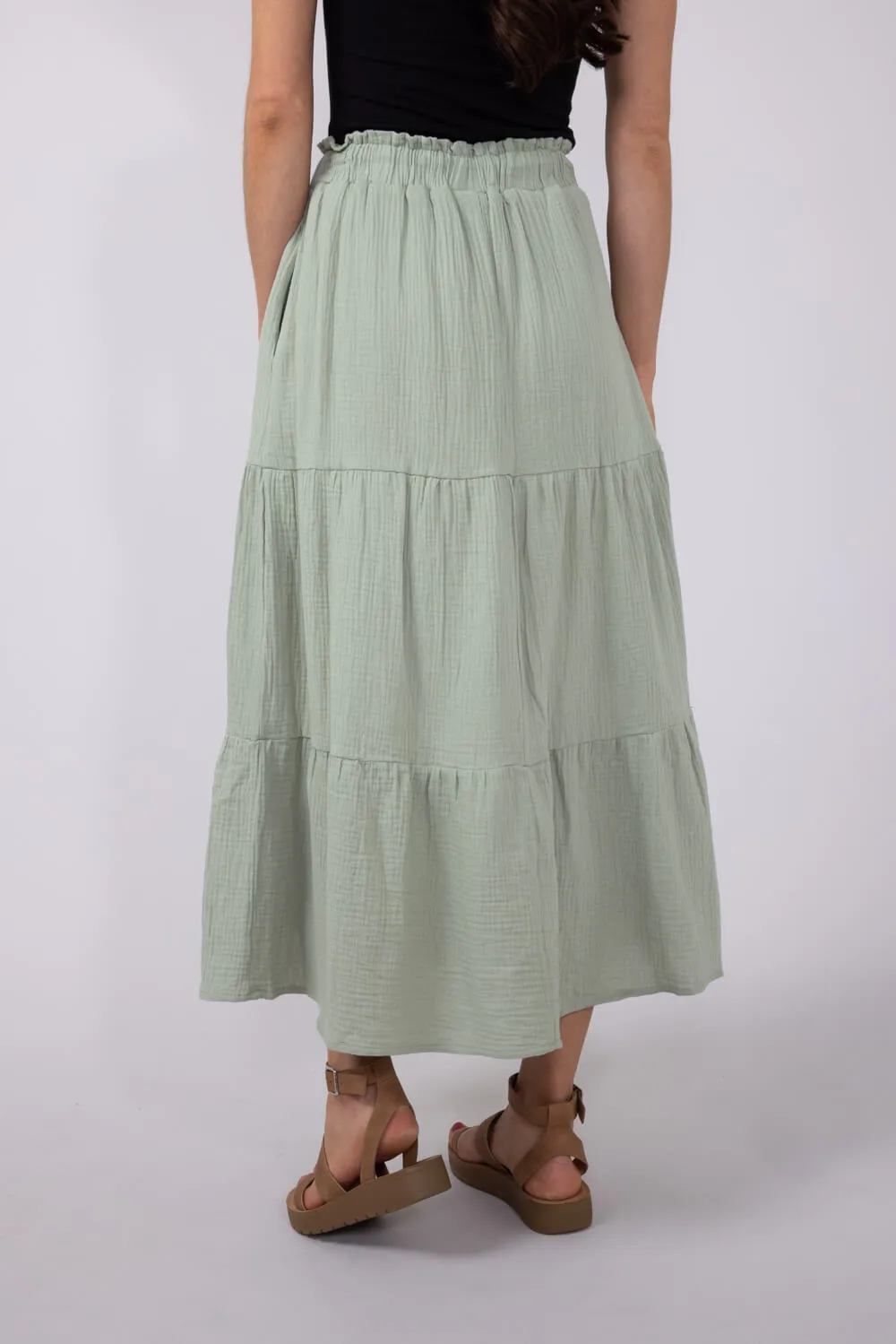 Tiered Gauze Drawstring Midi Skirt for Women in Sage | NS50130-SAGE sold by Glik’s product image thumbnail 3