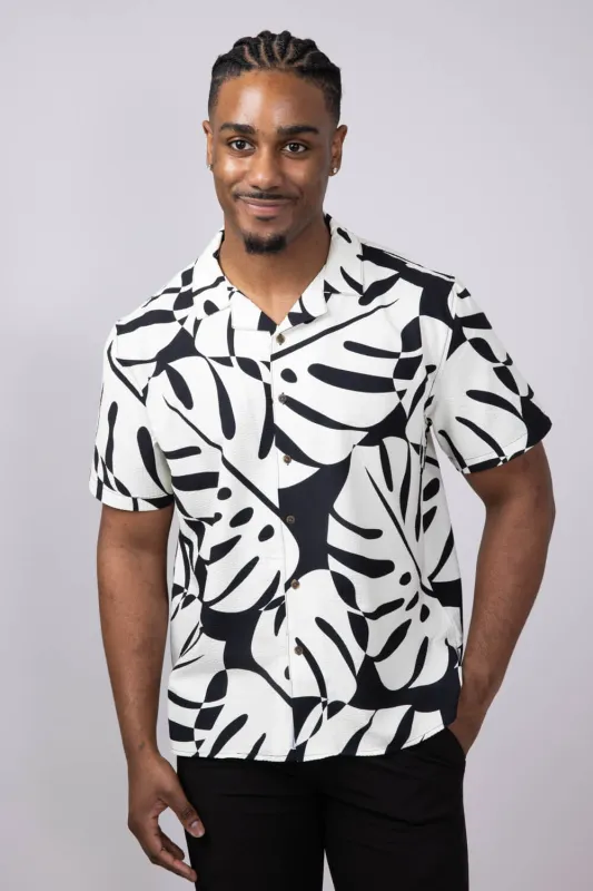 Party Pants Big Palms Woven Button Up Shirt for Men in Black | P12513094-VBLK sold by Glik’s