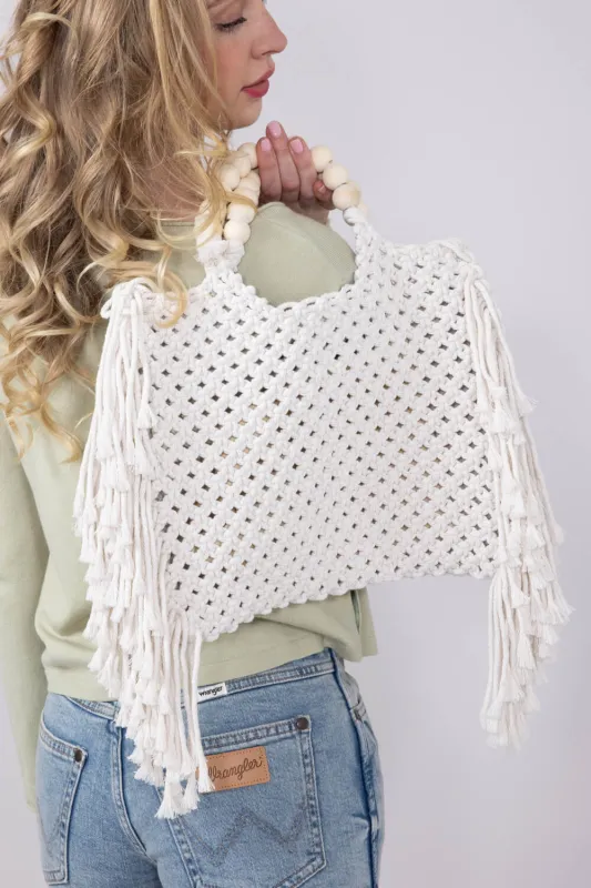 Fringe Knit Large Beach Bag for Women in Ivory | MMA8927IV sold by Glik’s