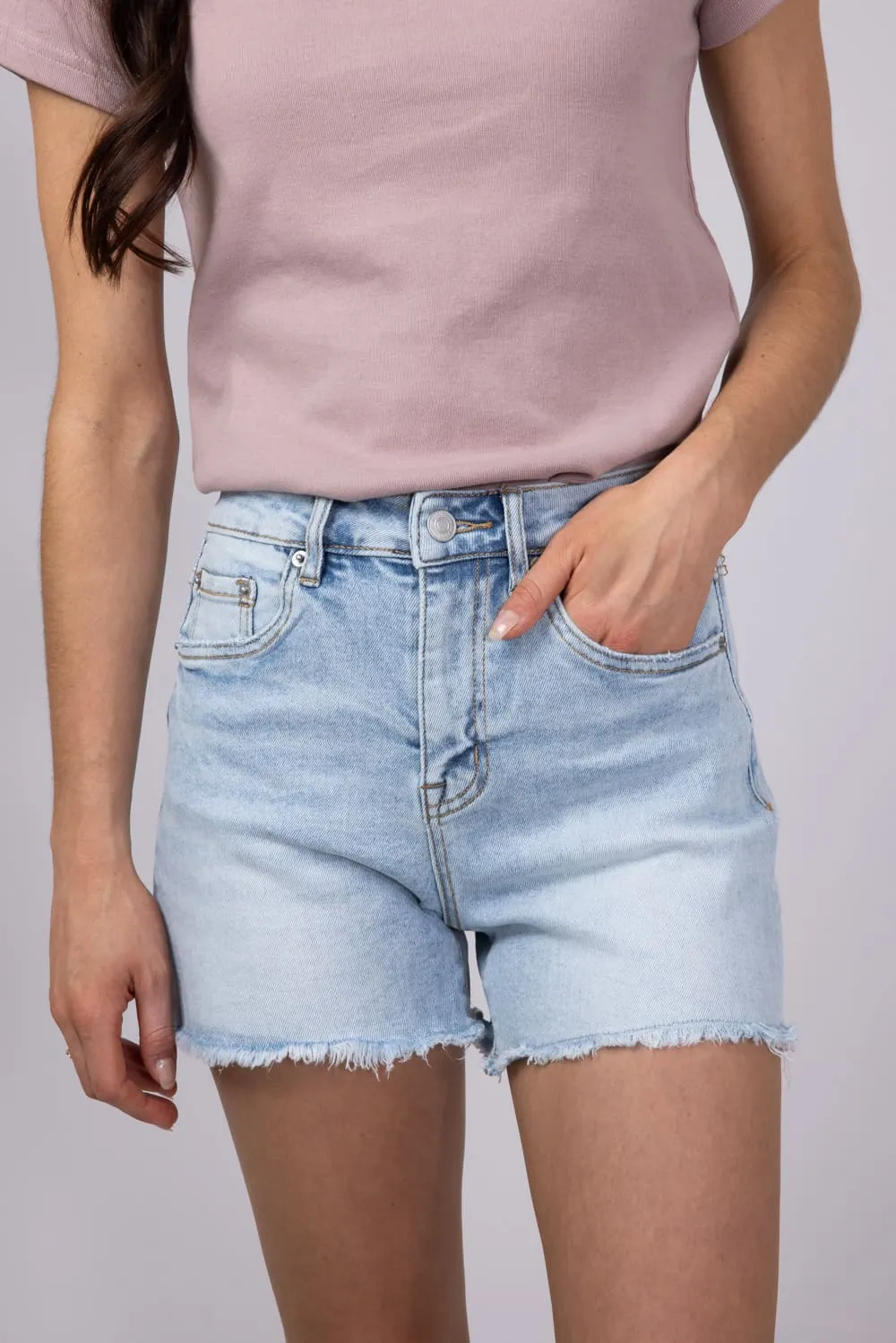Mica Super High Rise Frayed Hem Denim Shorts for Women | MDP-H3434 sold by Glik’s