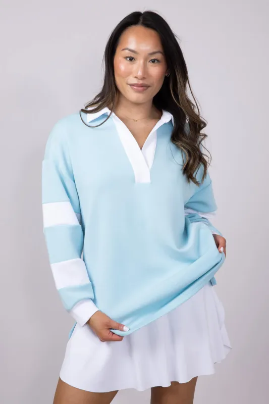 Simply Southern Rugby Pullover for Women in Ice Blue | PP-0125-TOP-MACY-ICE sold by Glik’s