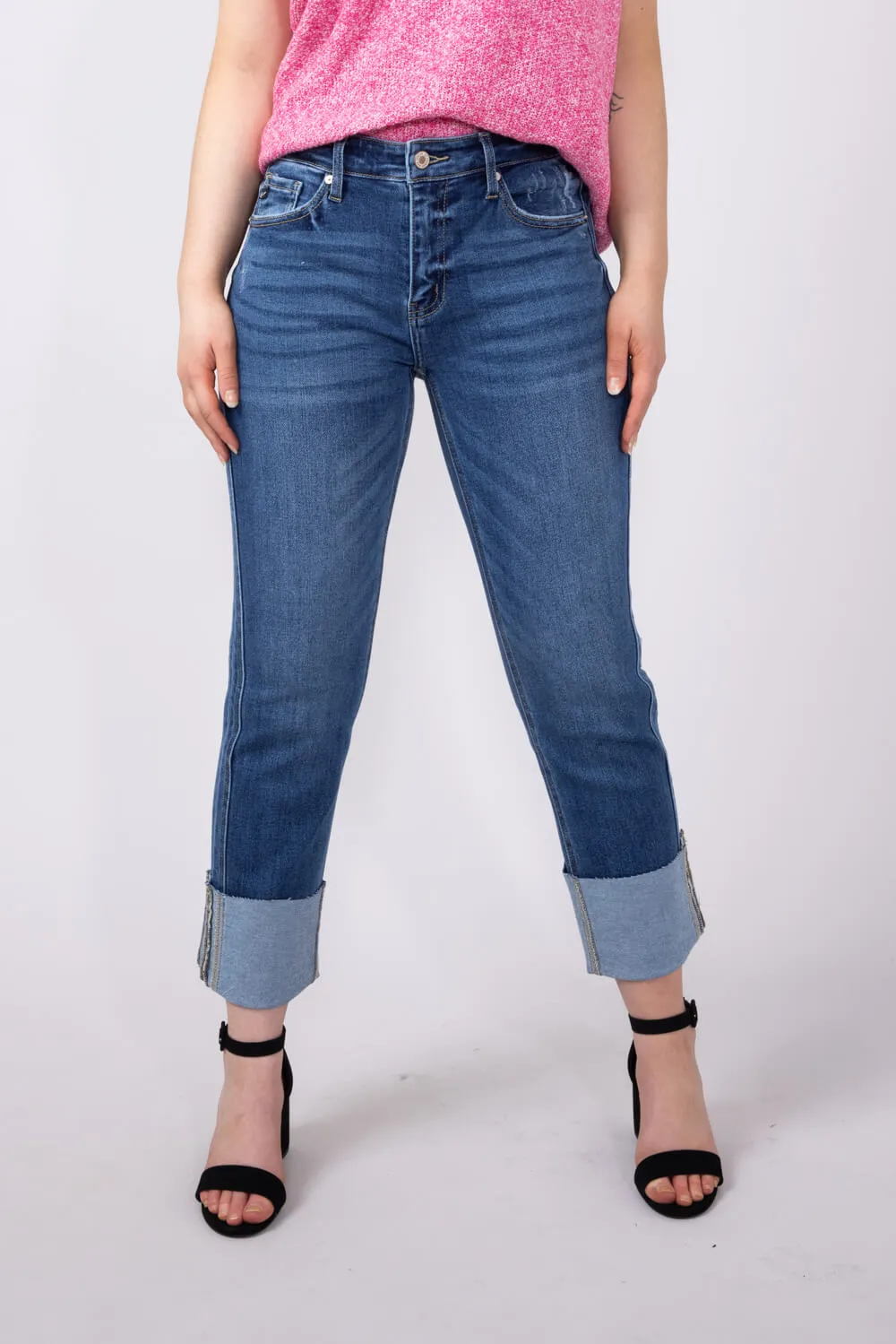 KanCan Mid Rise Cuffed Straight Jeans for Women | KC7478D sold by Glik’s