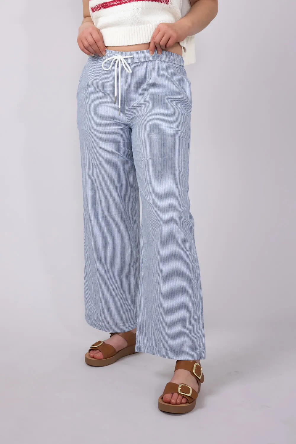 Pinstripe Drawstring Linen Pants for Women in Blue | 42711-INDIGO sold by Glik’s product image thumbnail 3