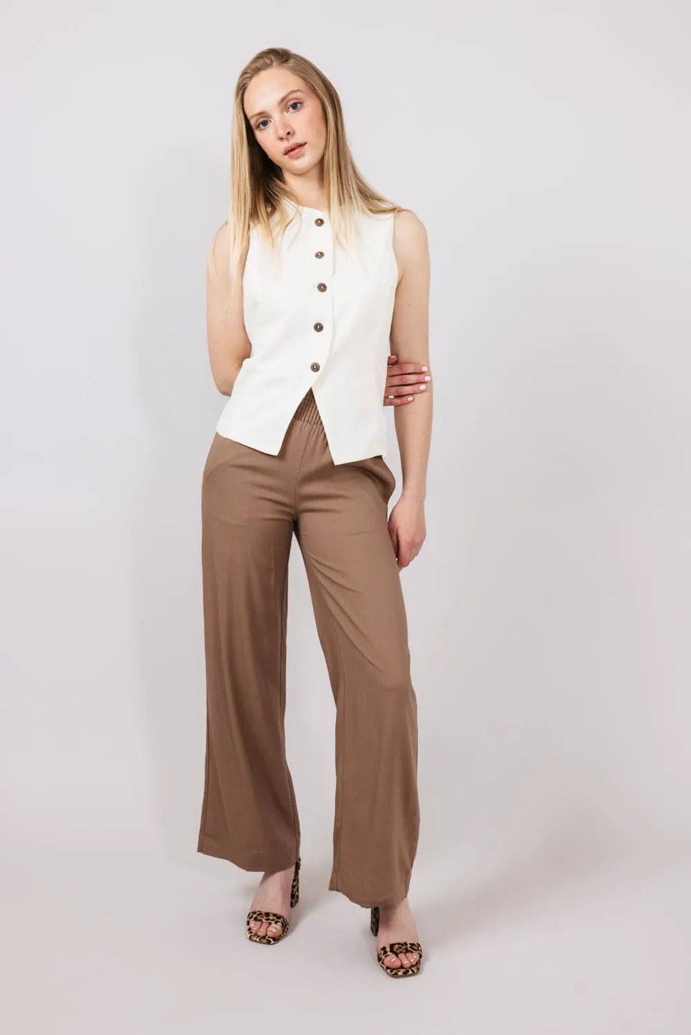 Love Tree Smocked Waist Linen Pants for Women in Mocha | 6987PS-MOCHA sold by Glik’s product image thumbnail 2