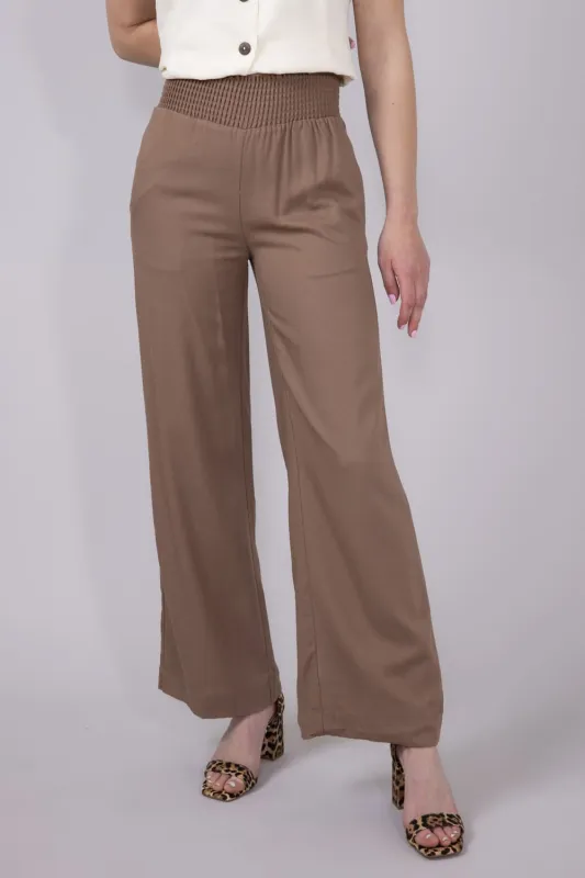 Love Tree Smocked Waist Linen Pants for Women in Mocha | 6987PS-MOCHA sold by Glik’s