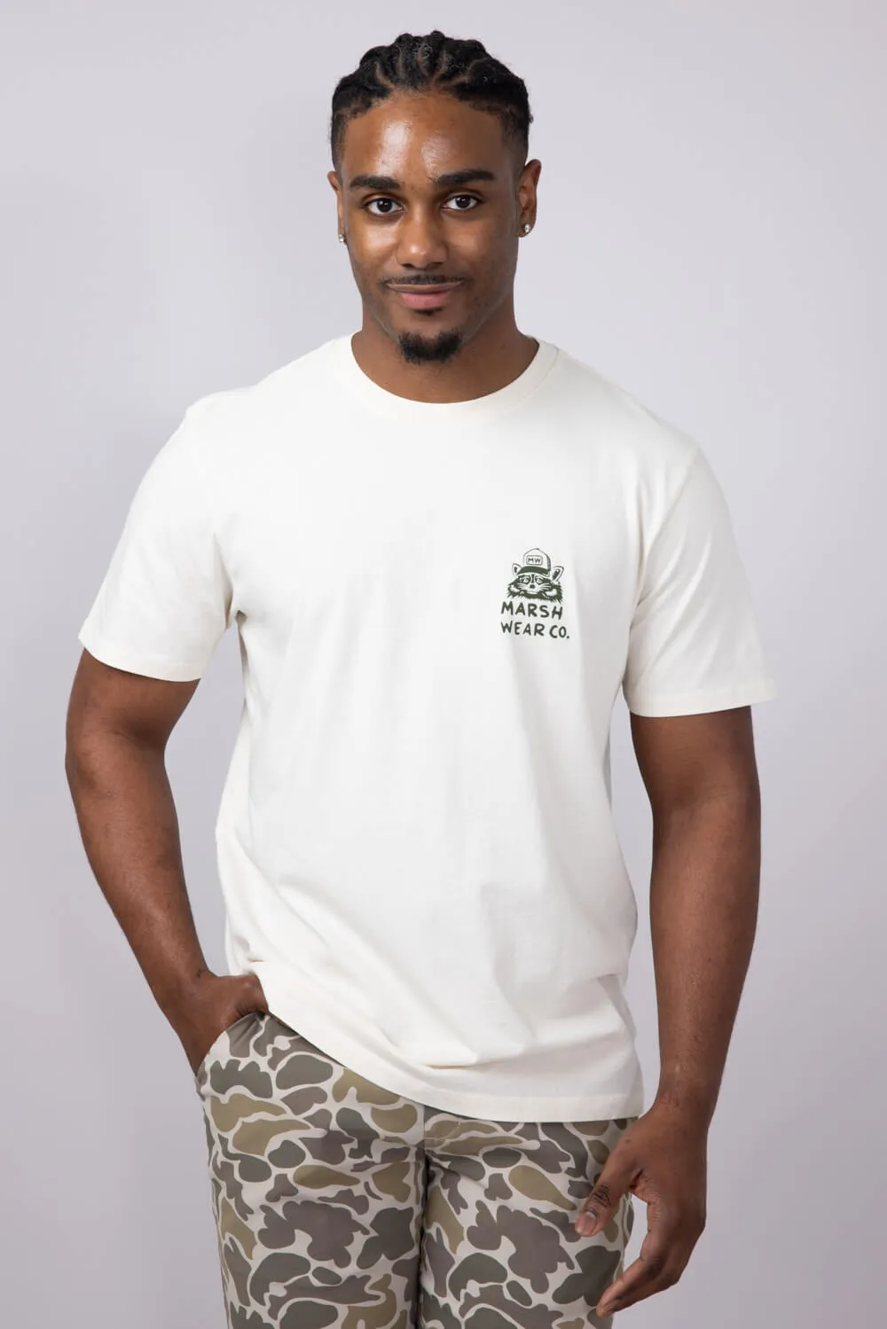 Marsh Wear Stay Awhile Raccoon T-Shirt for Men in White | MWT5018-VWHT sold by Glik’s product image thumbnail 2