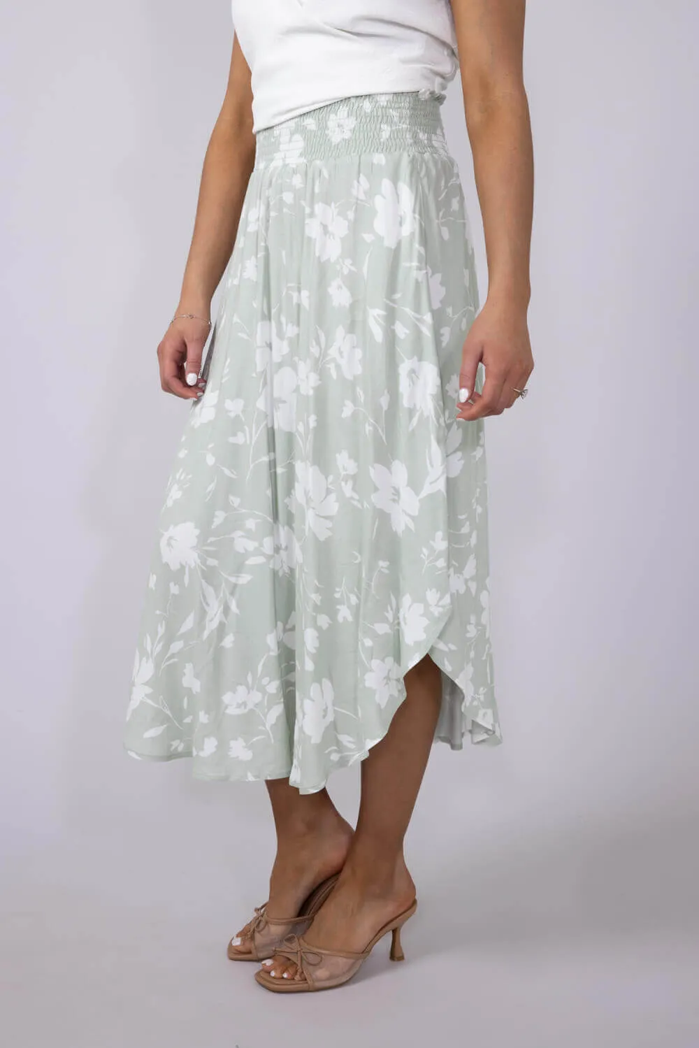 Ditsy Floral Smocked Waist Midi Skirt for Women in Sage/White | VNS16762Q7-SAGEWHITE sold by Glik’s product image thumbnail 5