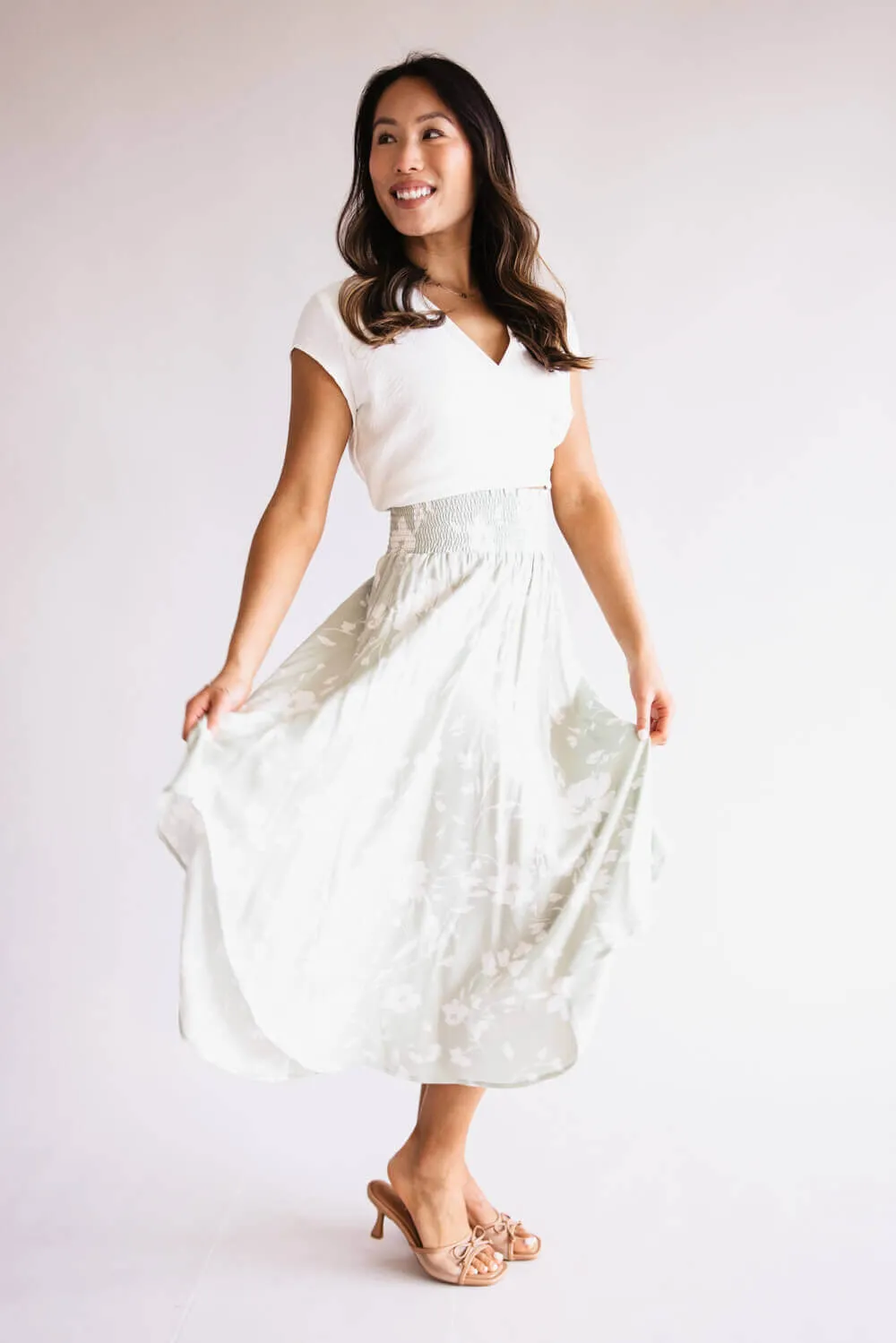 Ditsy Floral Smocked Waist Midi Skirt for Women in Sage/White | VNS16762Q7-SAGEWHITE sold by Glik’s product image thumbnail 2