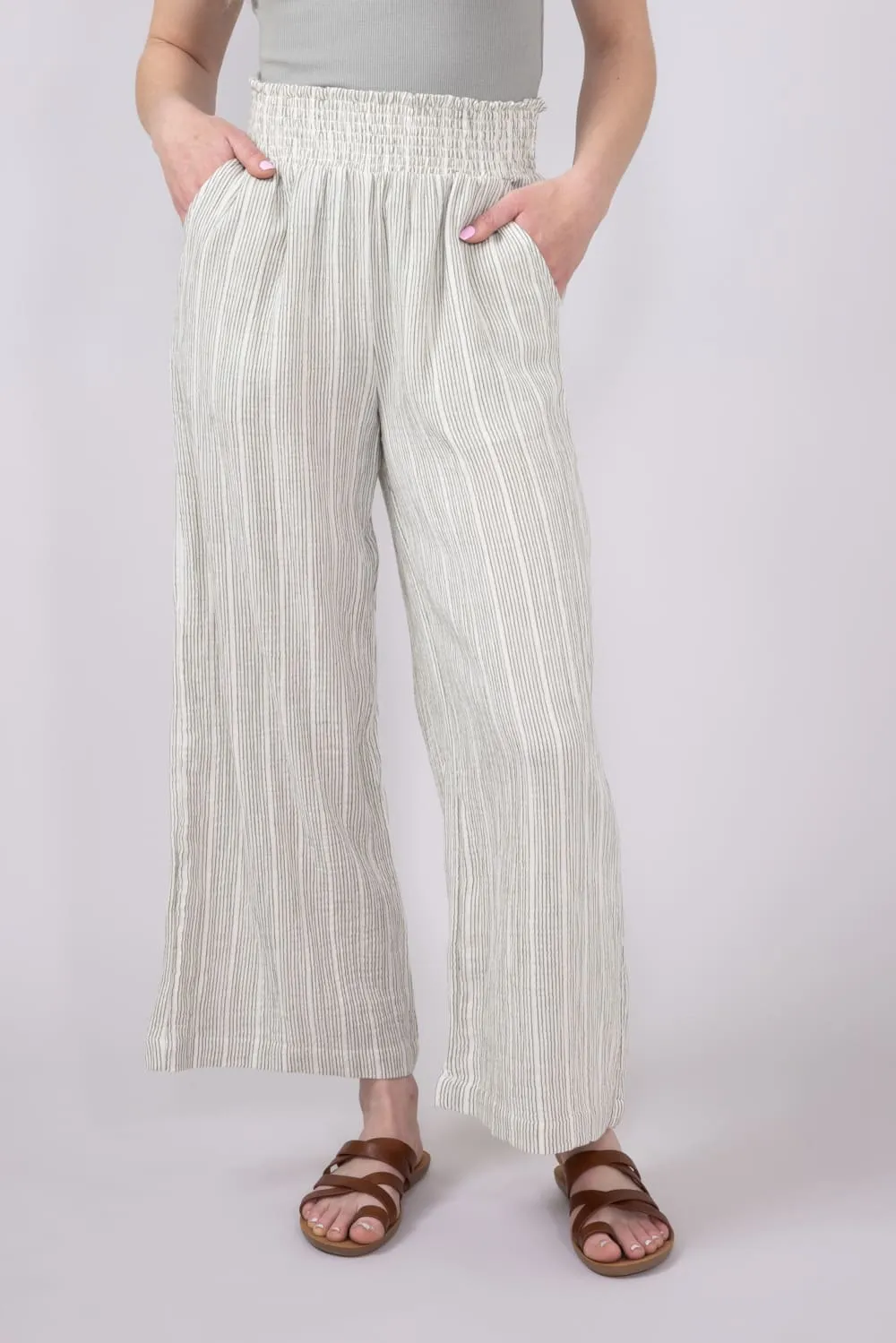 Stripe Smocked Waist Linen Pants for Women in Sage/Cream | 42722-SAGE sold by Glik’s