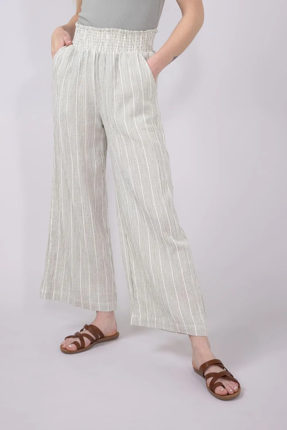Stripe Smocked Waist Linen Pants for Women in Sage/Cream | 42722-SAGE sold by Glik’s product image thumbnail 4