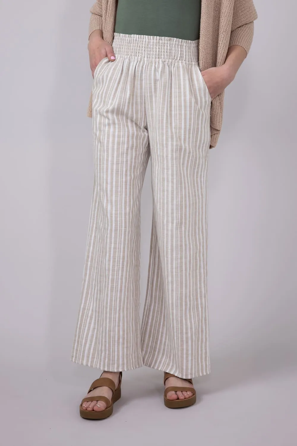 Smocked Waist Linen Wide Leg Pants for Women in Taupe | FP3381-TAUPE sold by Glik’s product image thumbnail 3