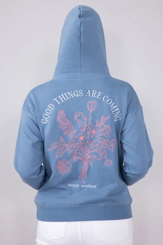 Simply Southern Embroidered Good Things Hoodie for Women in Blue | PP-0125-HD-EMB-GOODTHINGS sold by Glik’s
