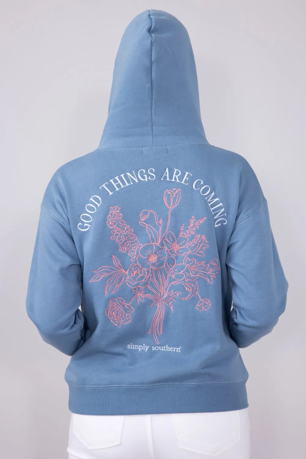 Simply Southern Embroidered Good Things Hoodie for Women in Blue | PP-0125-HD-EMB-GOODTHINGS sold by Glik’s