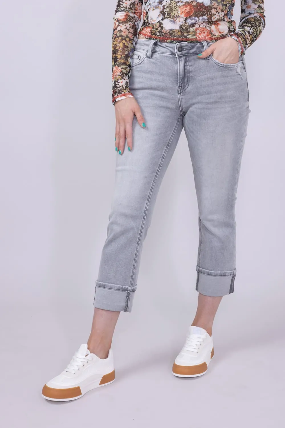 Mica Mid Rise Cuffed Straight Jeans for Women in Grey | MDP-T3385 sold by Glik’s