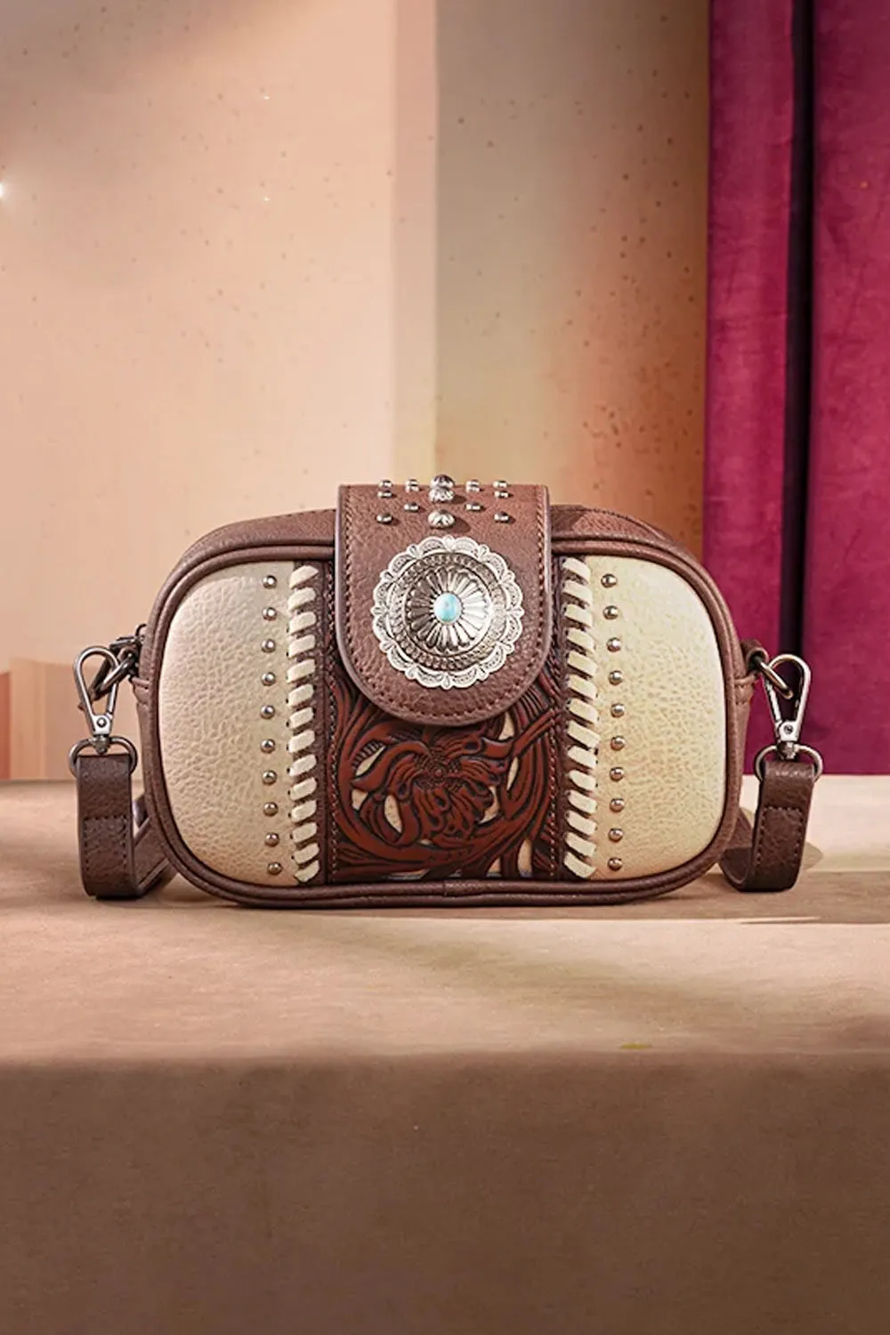 Tooled Concho Small Crossbody Bag for Women in Coffee | MW1322-8365-CF sold by Glik’s product image thumbnail 2