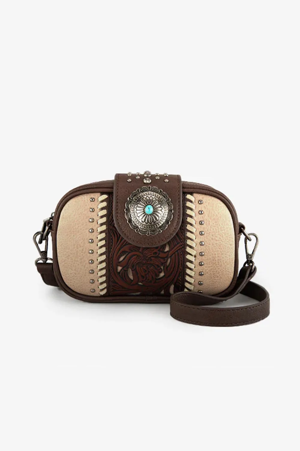 Tooled Concho Small Crossbody Bag for Women in Coffee | MW1322-8365-CF sold by Glik’s