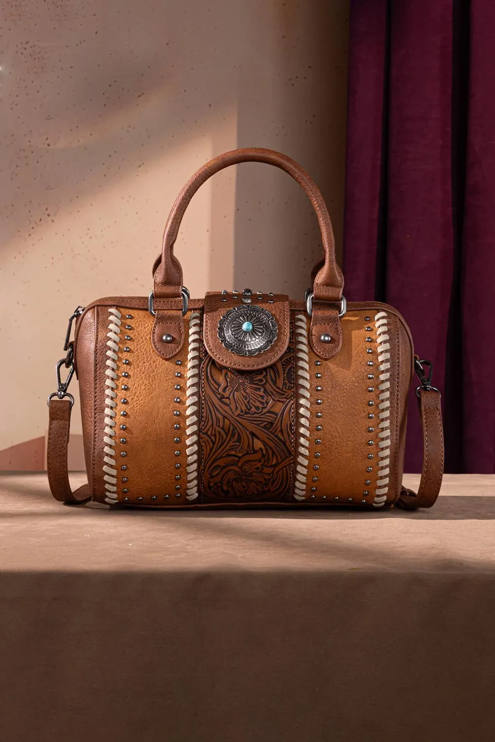 Tooled Concho Barrel Satchel Crossbody Bag for Women in Brown | MW1322-8800-BR sold by Glik’s