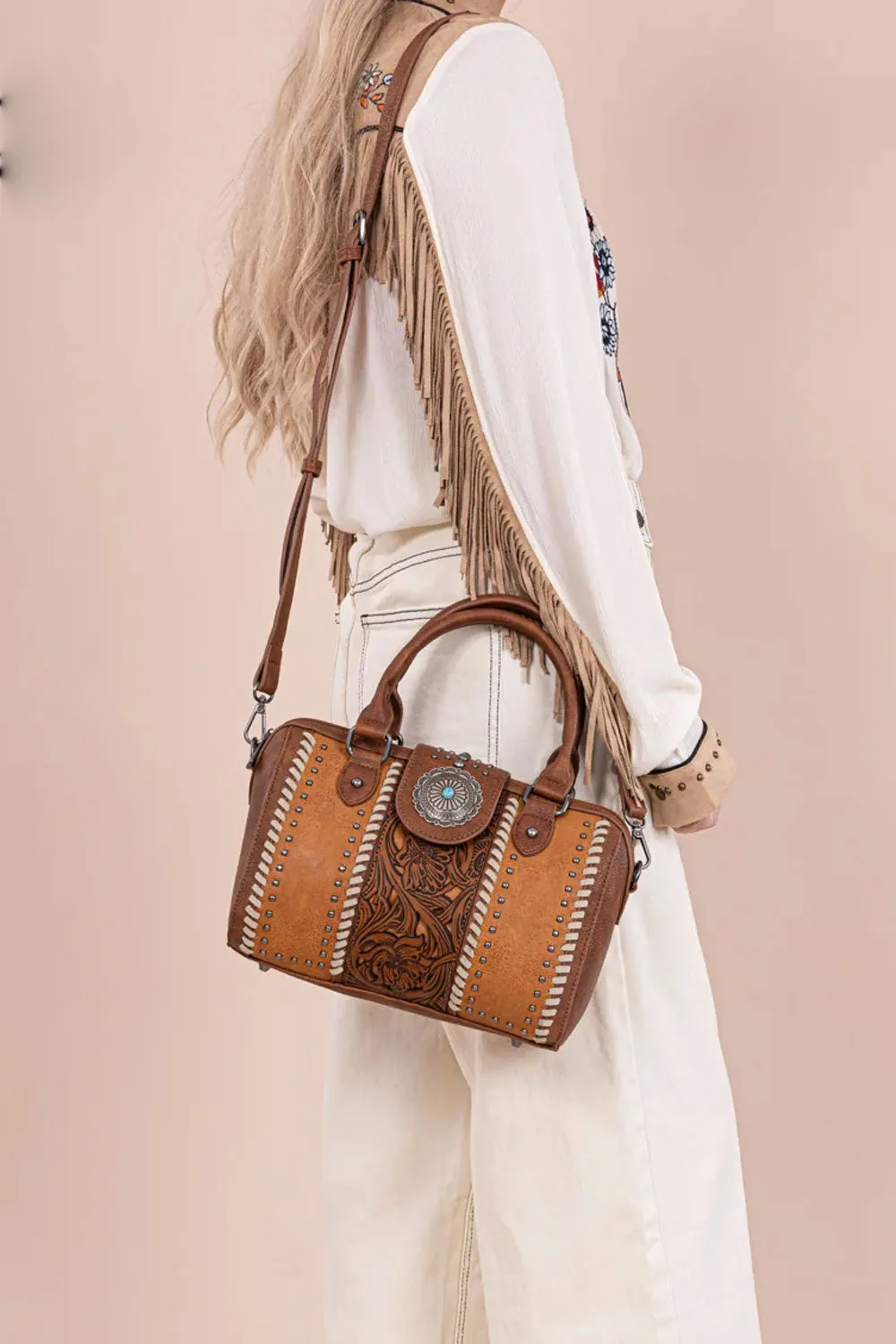 Tooled Concho Barrel Satchel Crossbody Bag for Women in Brown | MW1322-8800-BR sold by Glik’s product image thumbnail 2