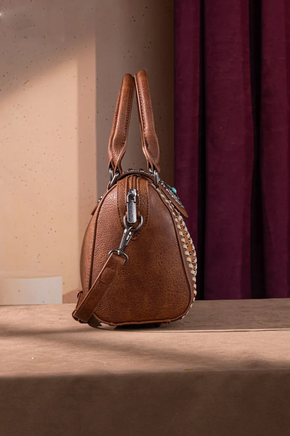 Tooled Concho Barrel Satchel Crossbody Bag for Women in Brown | MW1322-8800-BR sold by Glik’s product image thumbnail 4