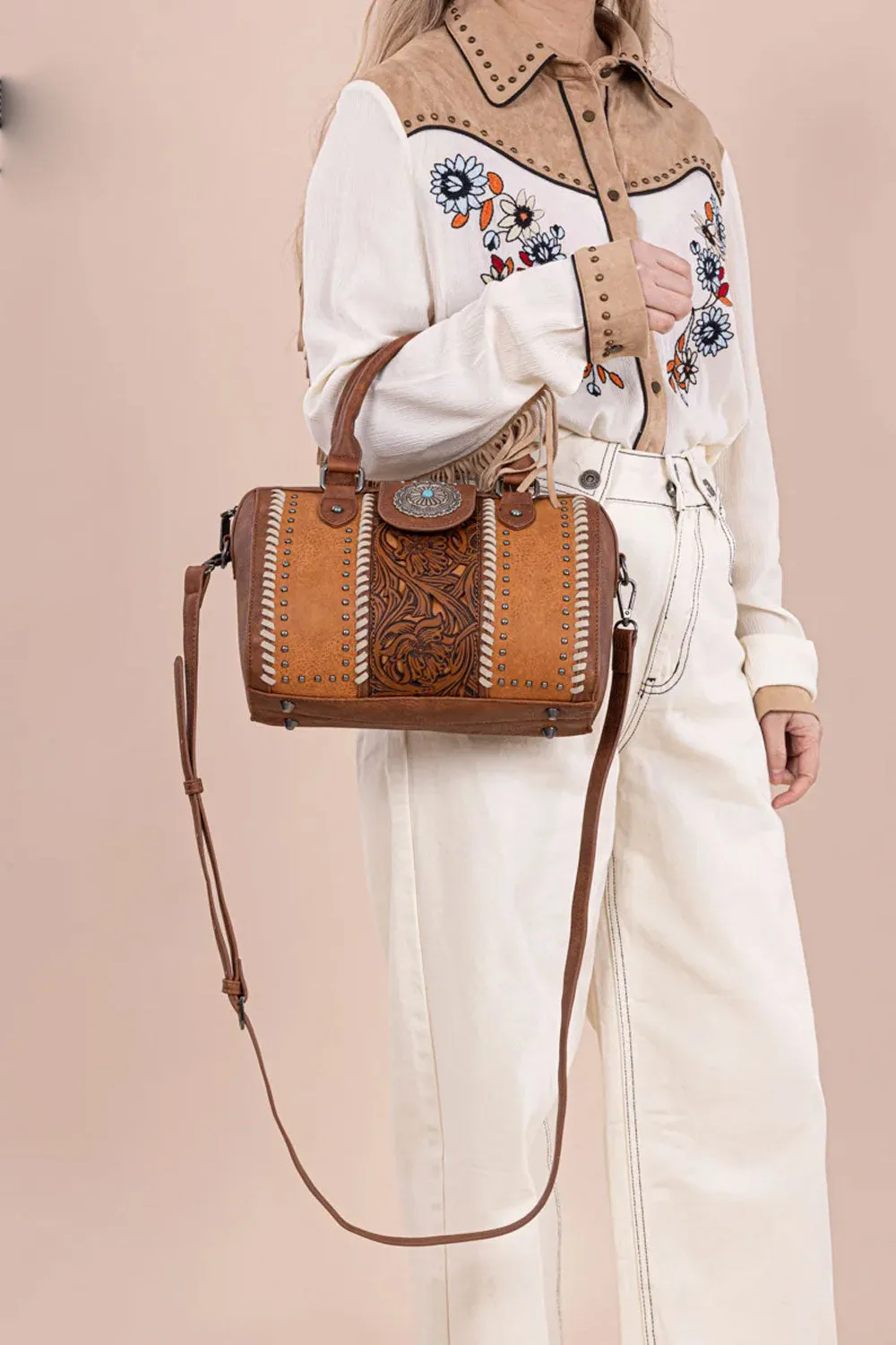 Tooled Concho Barrel Satchel Crossbody Bag for Women in Brown | MW1322-8800-BR sold by Glik’s product image thumbnail 5