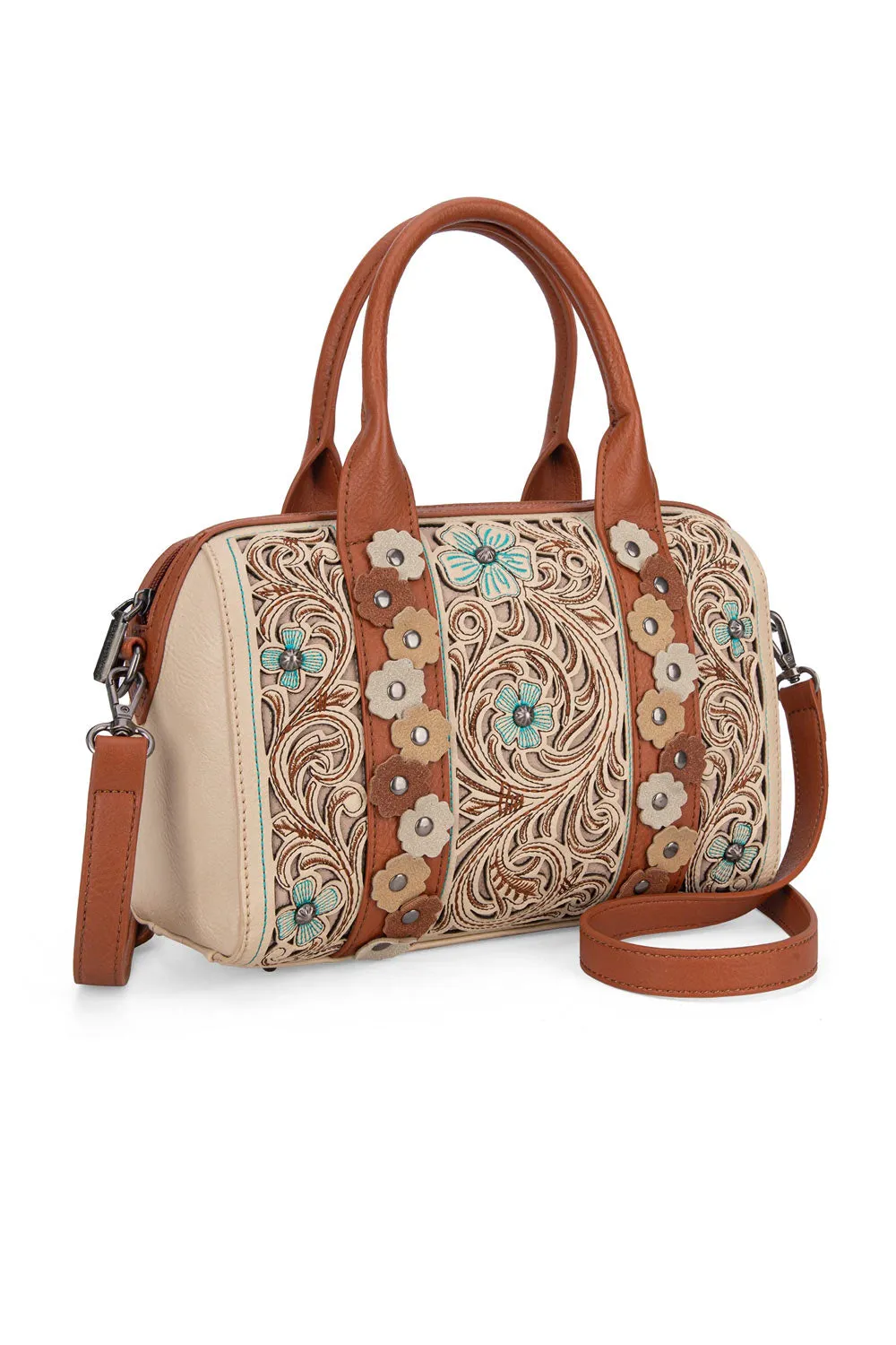 Tooled Barrel Satchel Crossbody Bag for Women in Tan | MW1313-9800-TN sold by Glik’s product image thumbnail 2