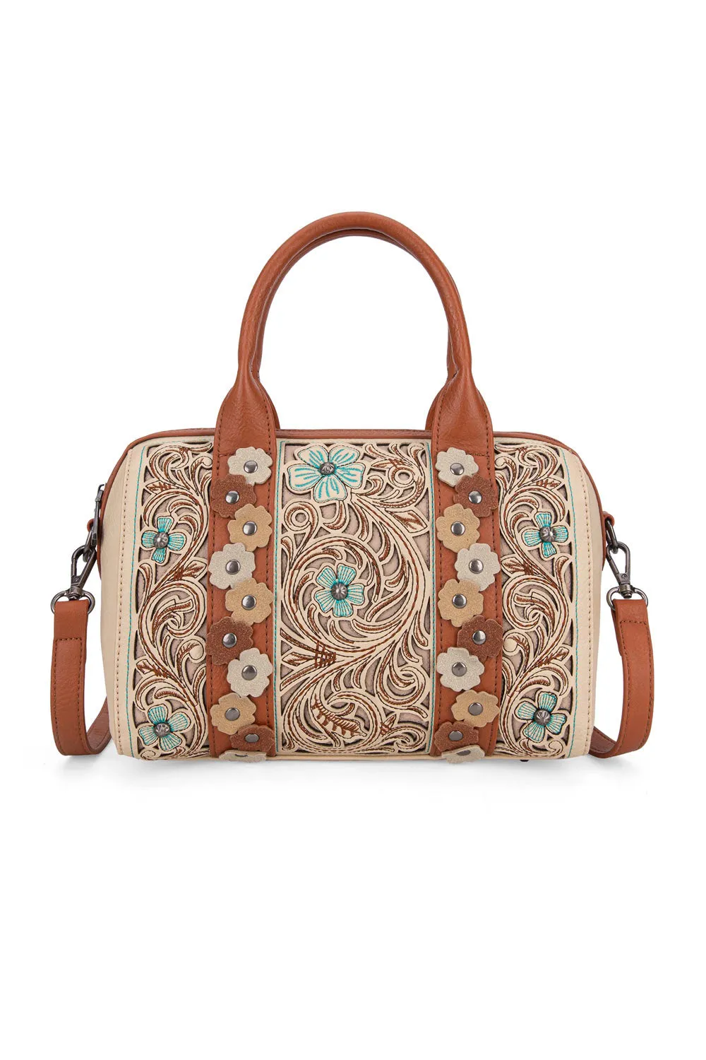 Tooled Barrel Satchel Crossbody Bag for Women in Tan | MW1313-9800-TN sold by Glik’s product image thumbnail 5