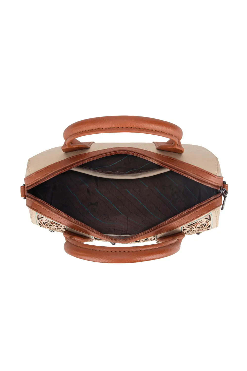 Tooled Barrel Satchel Crossbody Bag for Women in Tan | MW1313-9800-TN sold by Glik’s product image thumbnail 3