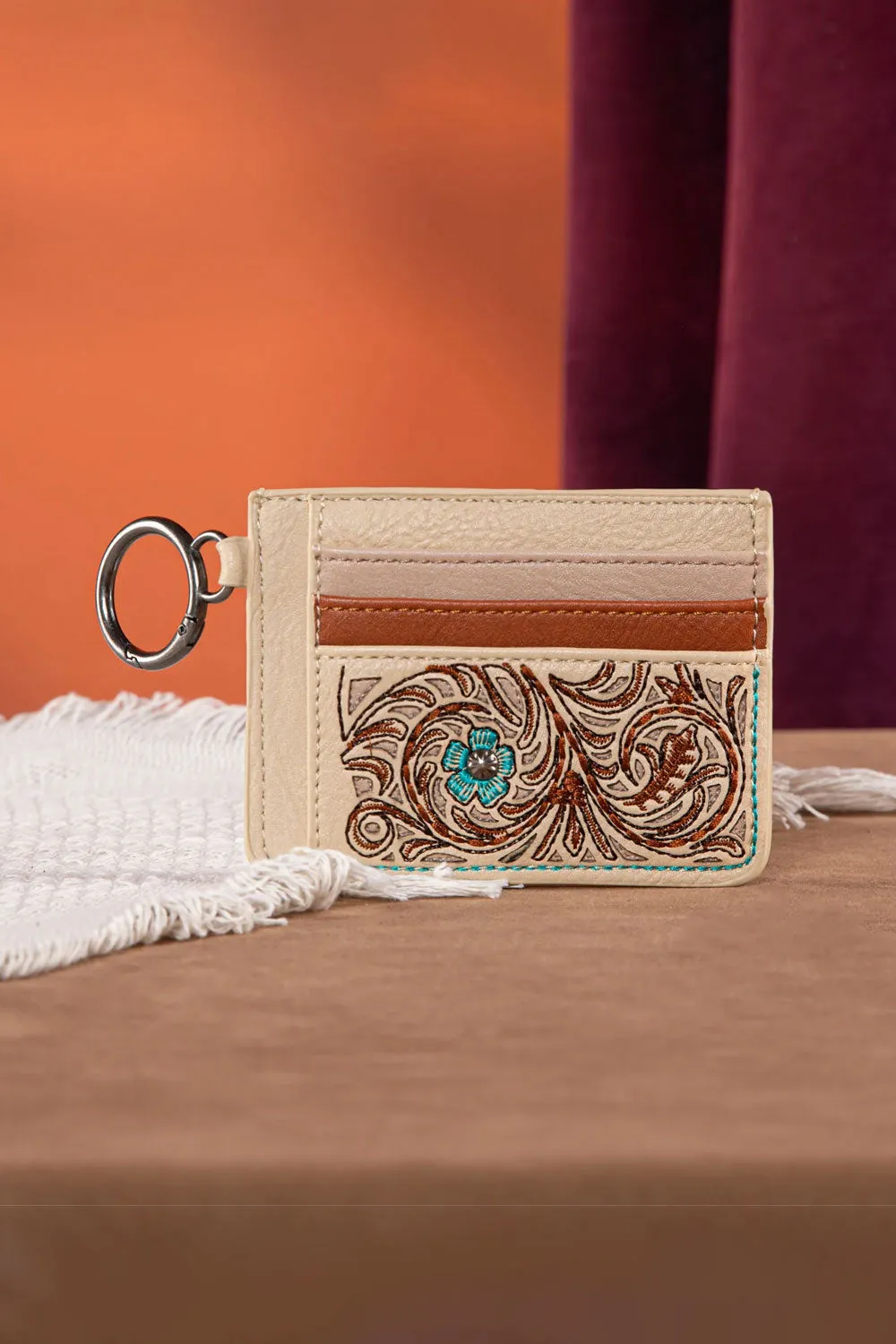 Embroidered Floral Card Holder in Tan | MW1313-W014-TN sold by Glik’s