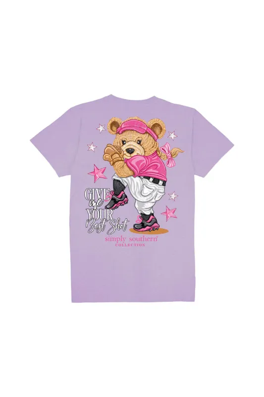 Simply Southern Youth Best Shot T-Shirt for Girls in Lilac | YTH-SS-BEARBALL-LILAC sold by Glik’s