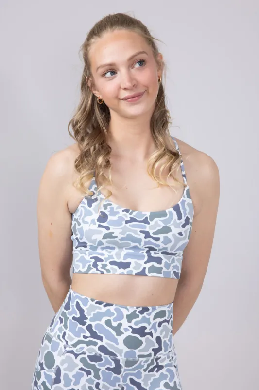Local Girl Crossover Strap Sports Bra for Women in Light Grey Camo | L5140002-LCC sold by Glik’s