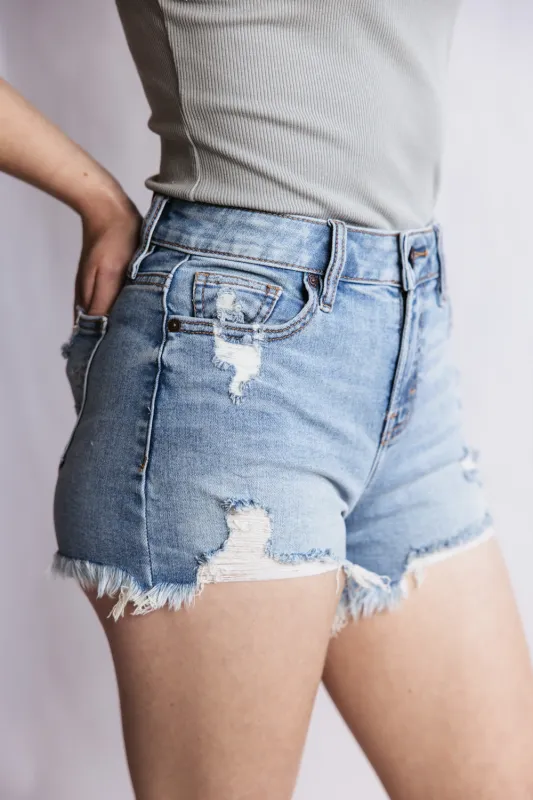 Hidden Frayed Hem Stretch Light Wash Denim Shorts for Women | HD4204-ML sold by Glik’s