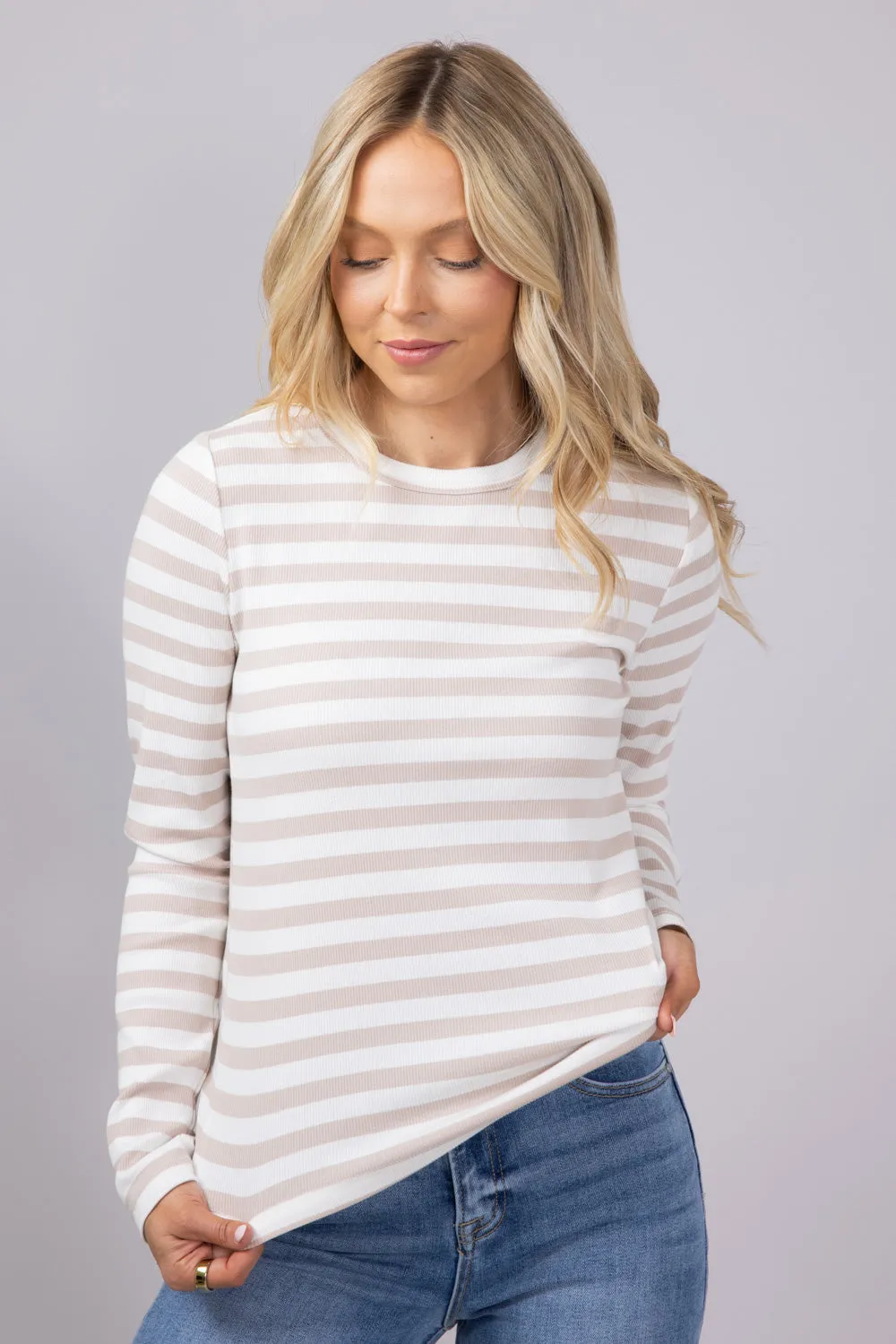 Thread & Supply Jess Striped Long Sleeve Shirt for Women in White/Tan | T2960BRTS-WHITETANST1145 sold by Glik’s product image thumbnail 2