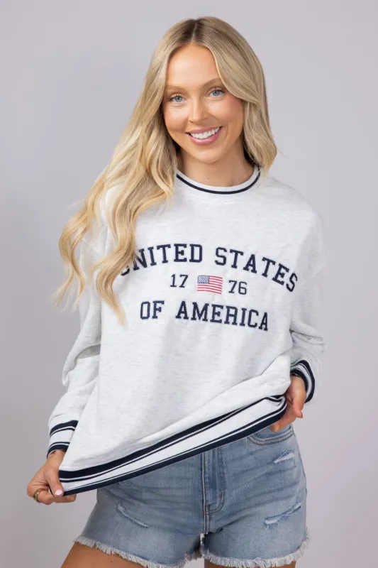 Simply Southern USA 1776 Varsity Sweatshirt for Women in Light Grey | PP-0125-CREW-VARSITY1-USA sold by Glik’s