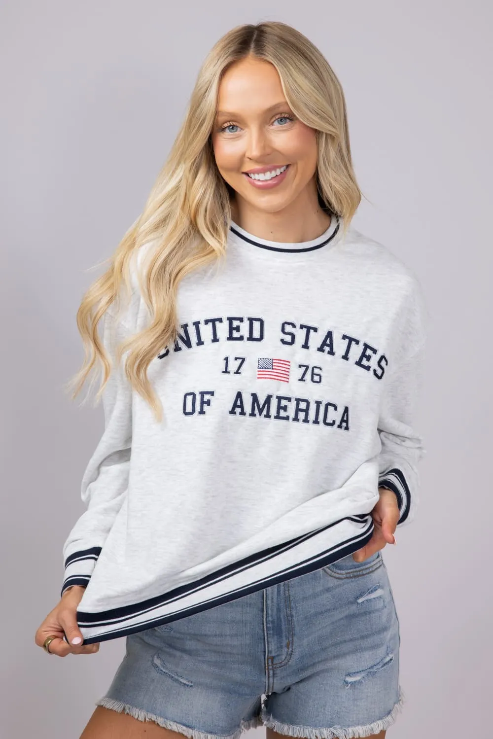 Simply Southern USA 1776 Varsity Sweatshirt for Women in Light Grey | PP-0125-CREW-VARSITY1-USA sold by Glik’s
