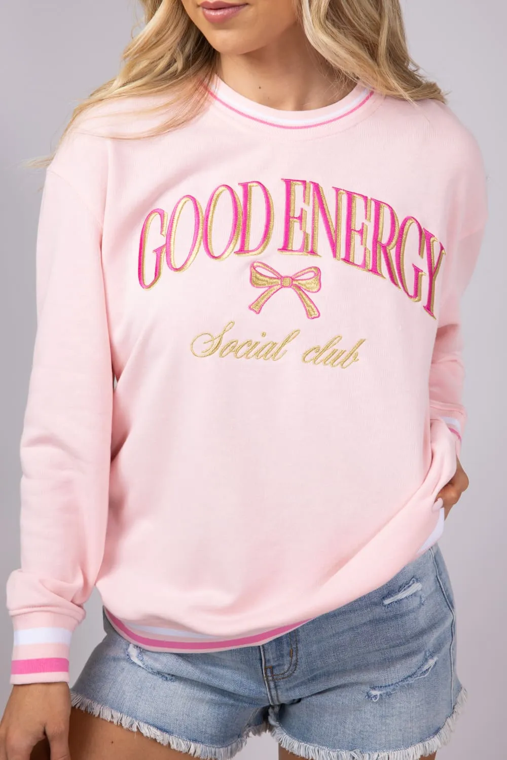 Simply Southern Good Energy Social Club Varsity Sweatshirt for Women in Pink | PP-0125-CREW-VARSITY1-ENERGY sold by Glik’s product image thumbnail 2