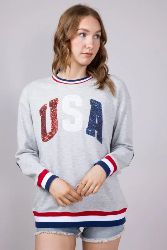 Simply Southern Sequined USA Varsity Sweatshirt for Women in Grey | PP-0125-CREW-VARSITY2-GRYUSA sold by Glik’s