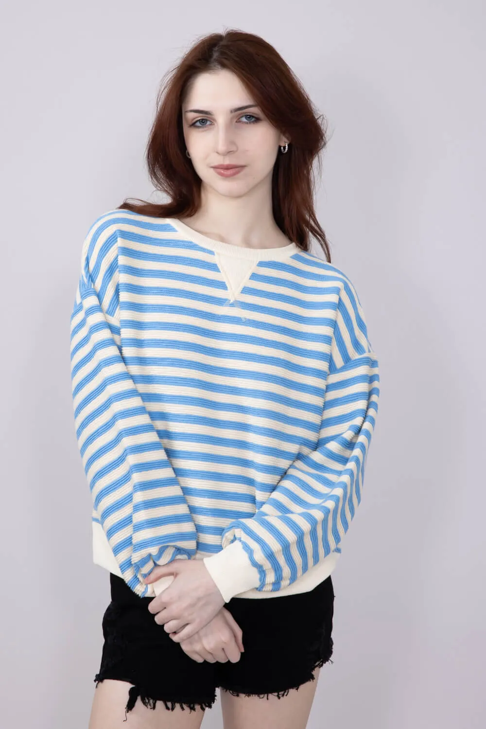 Blu Pepper Contrast Ribbed Knit Striped Sweatshirt for Women in Light Blue | B4FT1040-LIGHTBLUE sold by Glik’s product image thumbnail 2