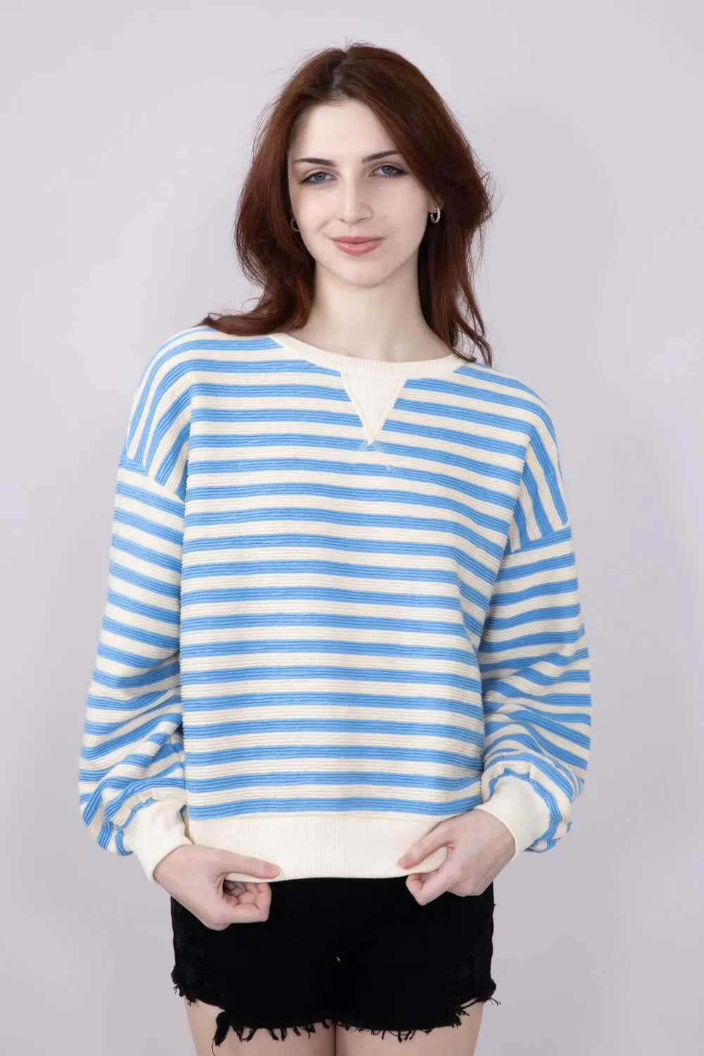 Blu Pepper Contrast Ribbed Knit Striped Sweatshirt for Women in Light Blue | B4FT1040-LIGHTBLUE sold by Glik’s product image thumbnail 5