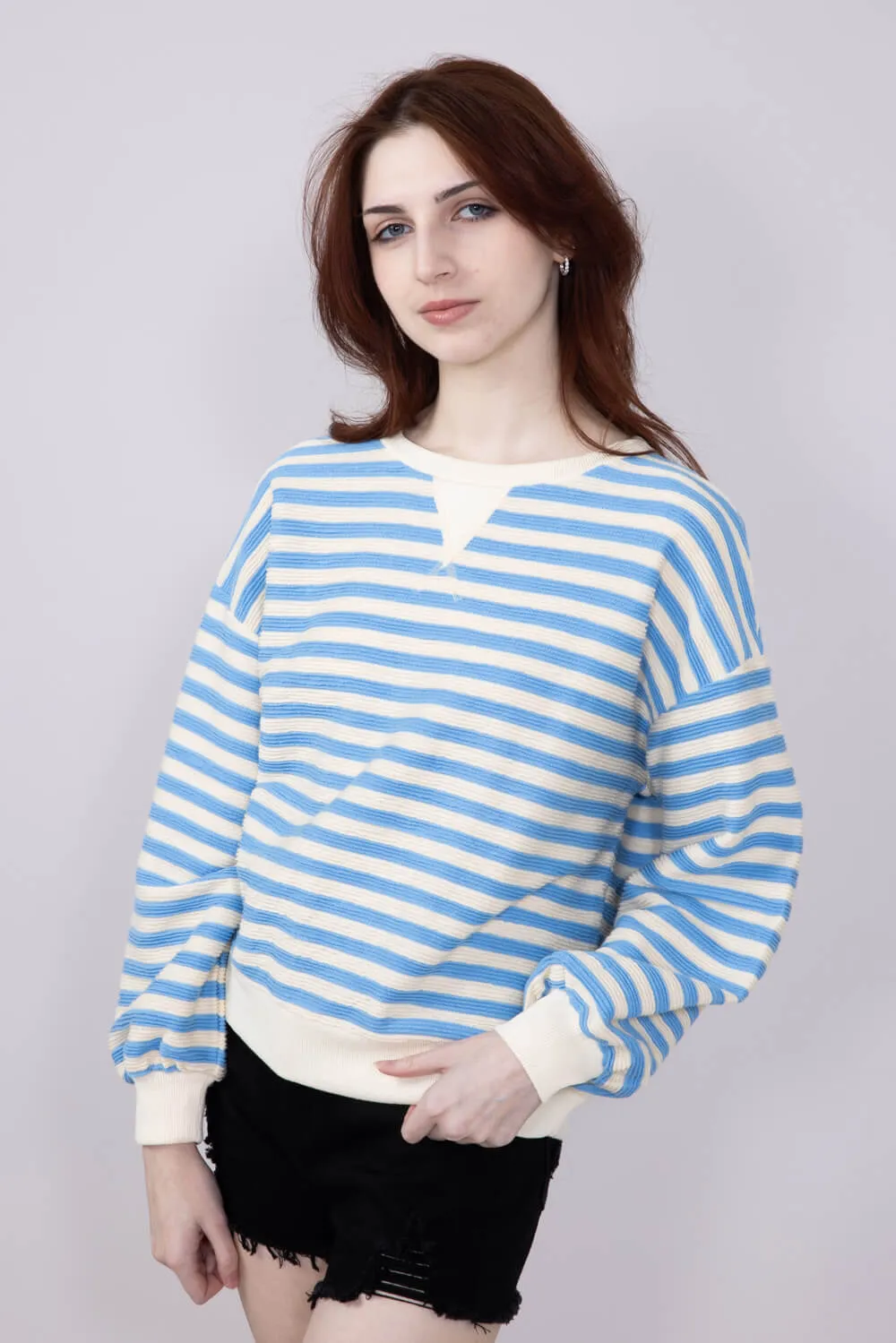 Blu Pepper Contrast Ribbed Knit Striped Sweatshirt for Women in Light Blue | B4FT1040-LIGHTBLUE sold by Glik’s product image thumbnail 4
