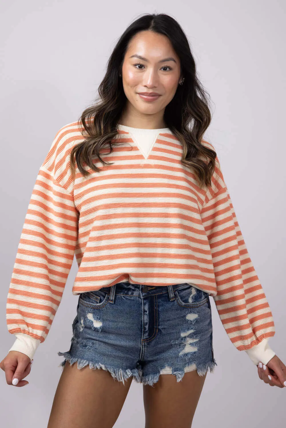 Blu Pepper Contrast Ribbed Stripe Knit Top for Women in Peach | B4FT1040-PEACH sold by Glik’s product image thumbnail 2